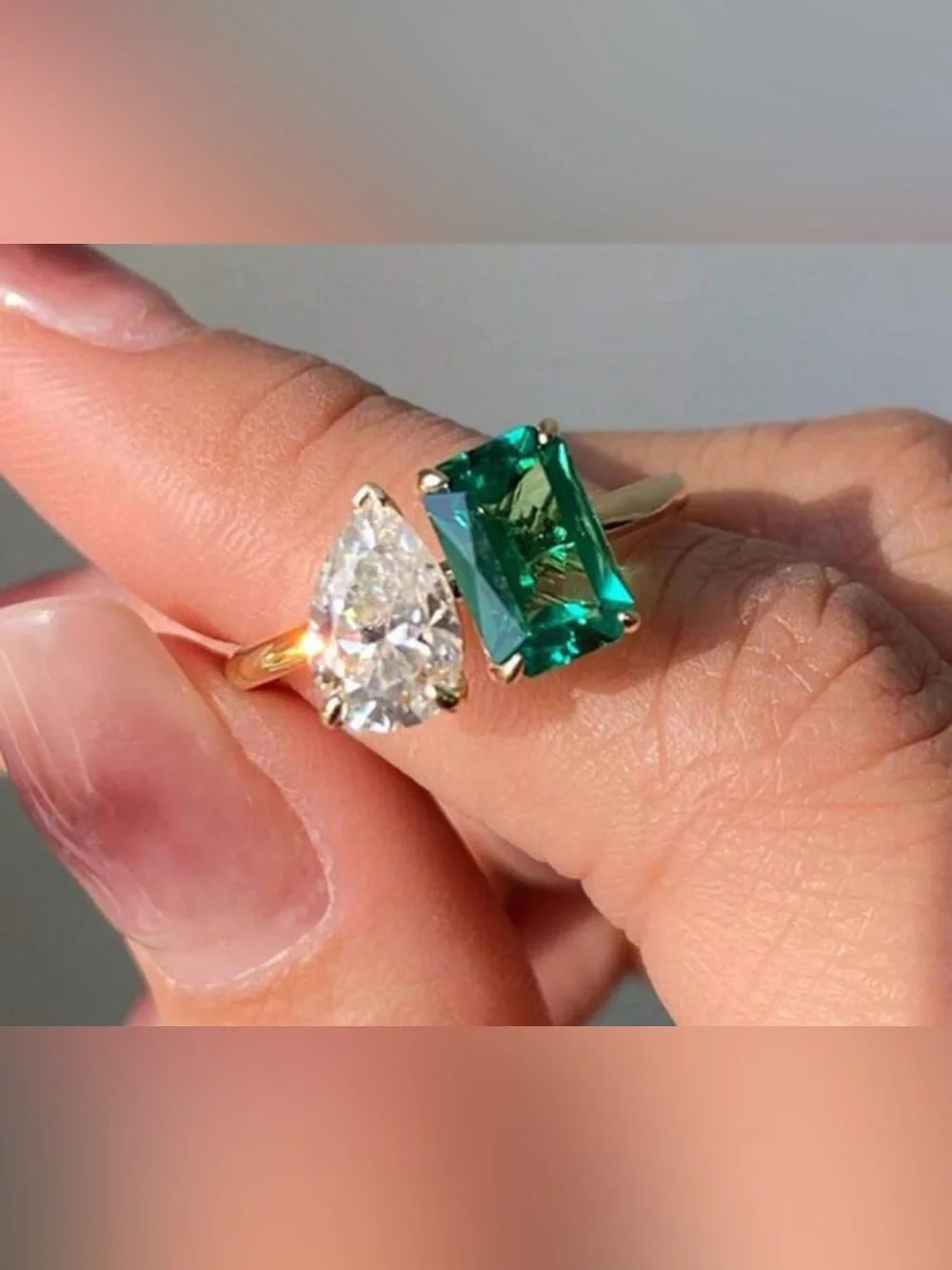 NEW-7 Gold Ring with Emerald Green Cushion and White Teardrop Stones